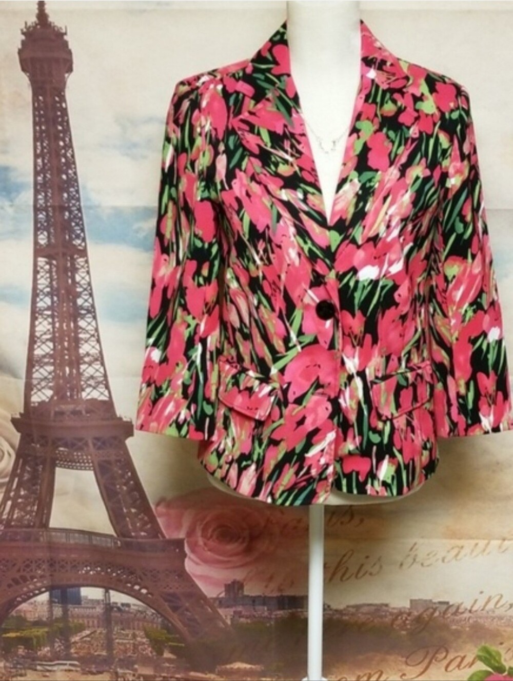 Notations Pink Floral Blazer with Black & Green Accents
